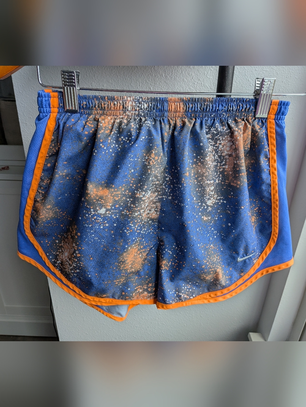 Nike Dri-FIT Tempo Running Shorts Blue Orange Paint Splatter Print XS